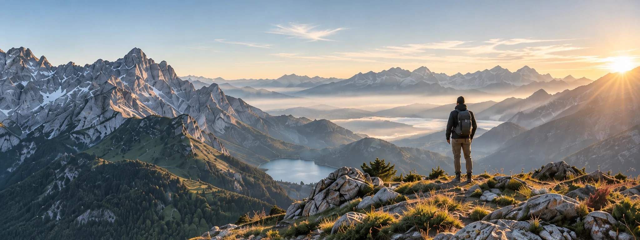 A hiker taking in a new perspective across a sunlit alpine landscape