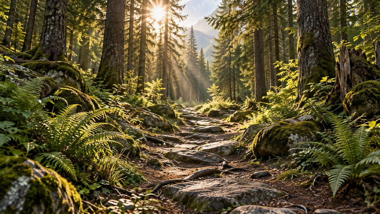 Sunlight opening a path through a green woodland
